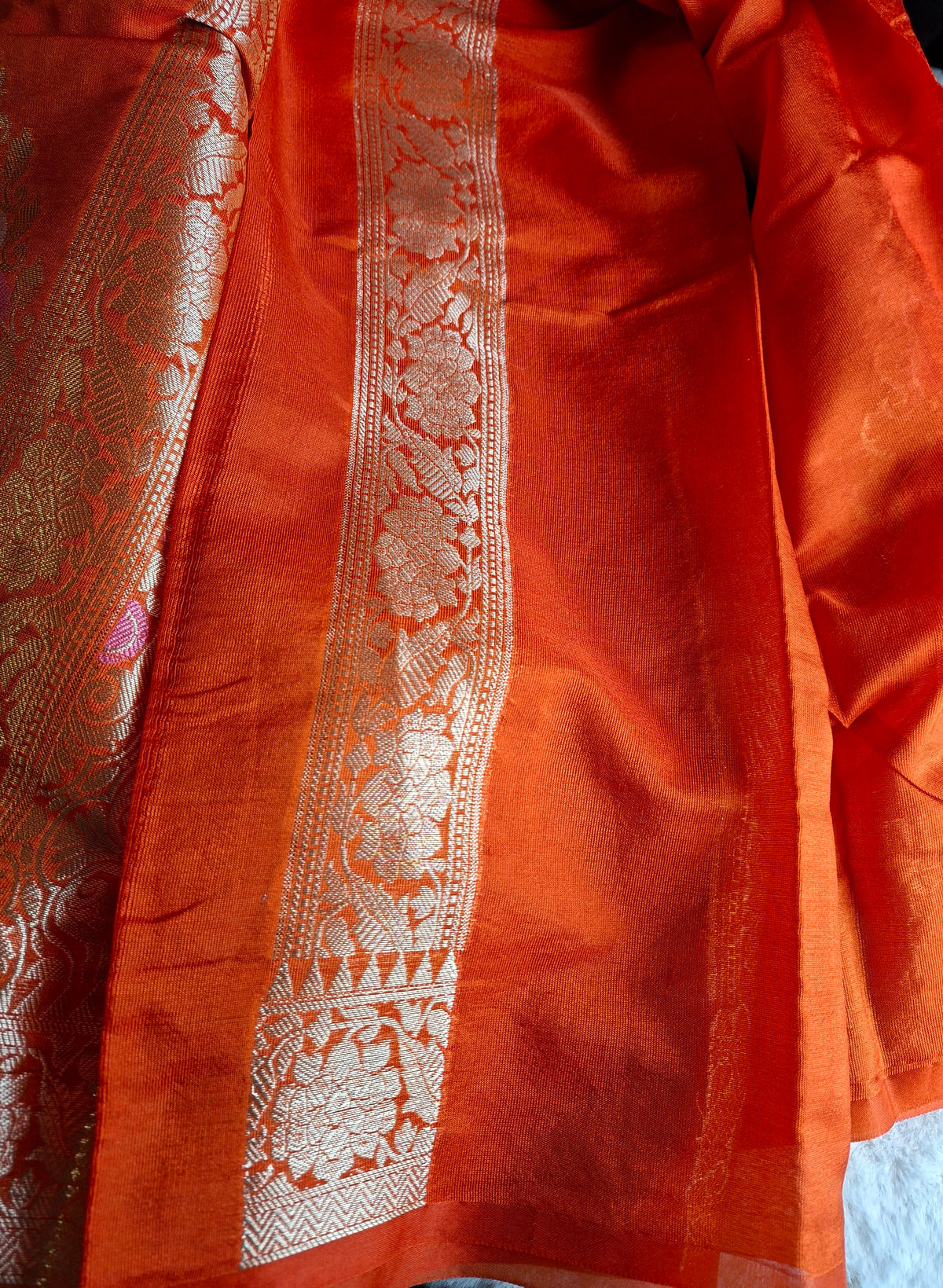 Banarasi Semi Silk Saree in Rich Rust Orange with Fine Zari Woven Design and Matching Blouse Piece
