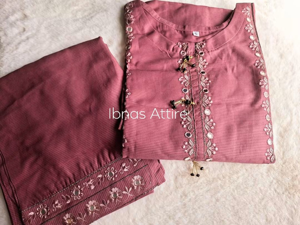 Pakistani Self Cotton 2-Piece Kurta Set | Mauve Festive Suit with 9MM Sequin Embroidery & Tassels (Size- 38)