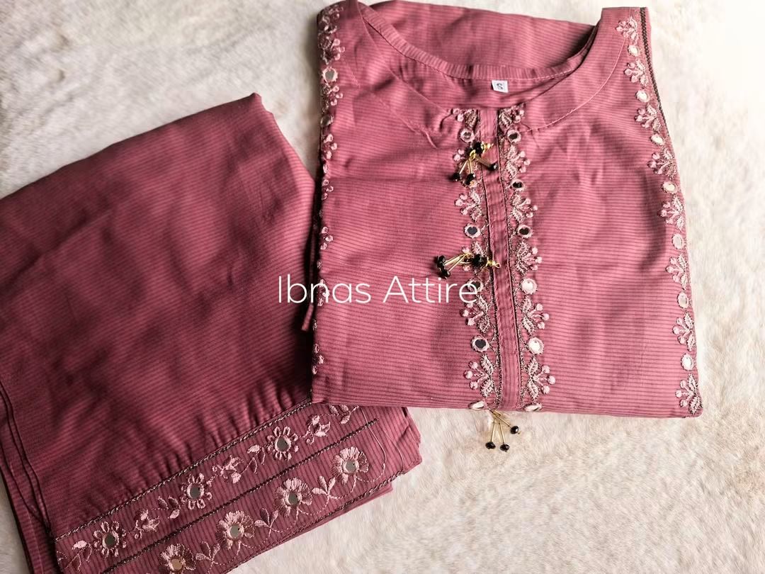 Pakistani Self Cotton 2-Piece Kurta Set | Mauve Festive Suit with 9MM Sequin Embroidery & Tassels (Size- 38)