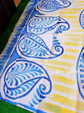 Premium Quality Hand-Painted Kota Saree in White and Yellow with Bold Blue Paisley Motifs (No Blouse Piece)