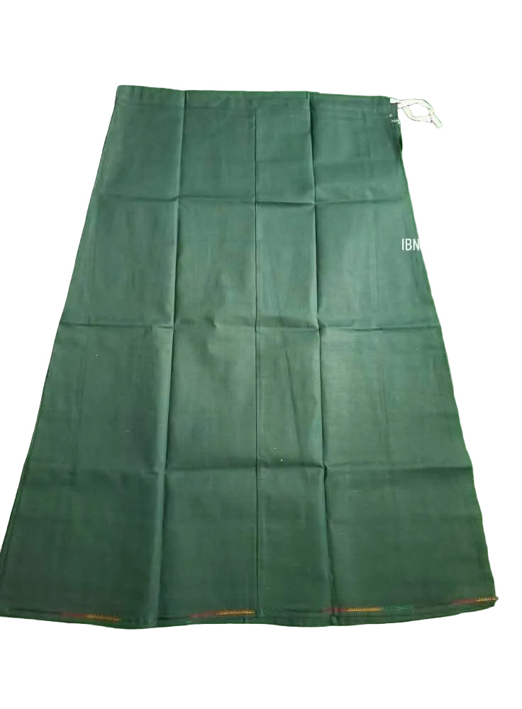 Dark green A-line pure cotton petticoat laid flat with visible waistband drawstring on a white background.