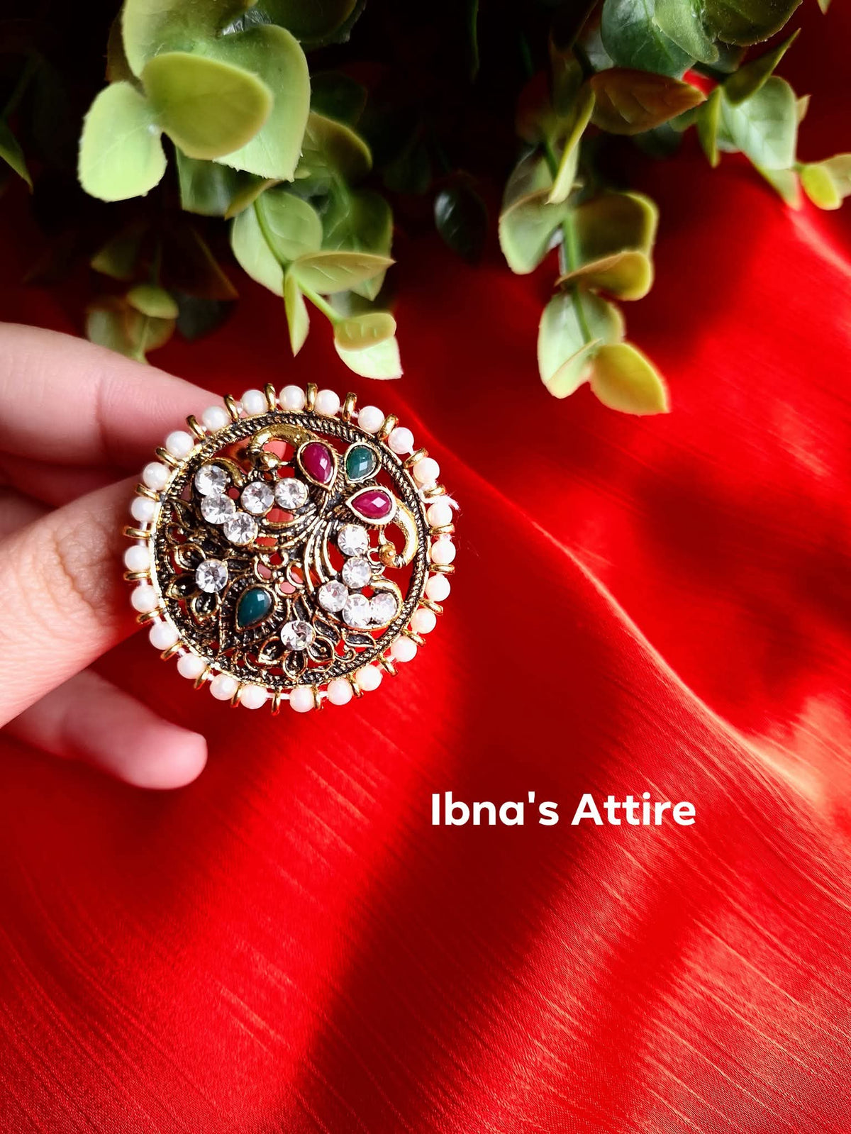 Ethnic Antique Gold-Plated Adjustable Finger Ring | Statement Designer Statement Ring with Kundan, Stones & Pearl Border