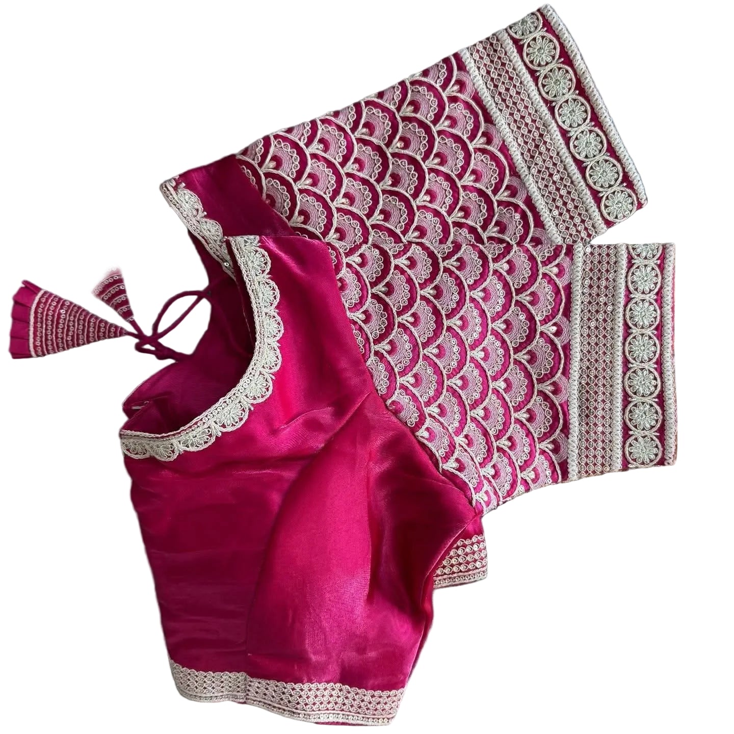 A magenta pink and beige embroidered zimmy choo silk blouse set laid flat on a white background