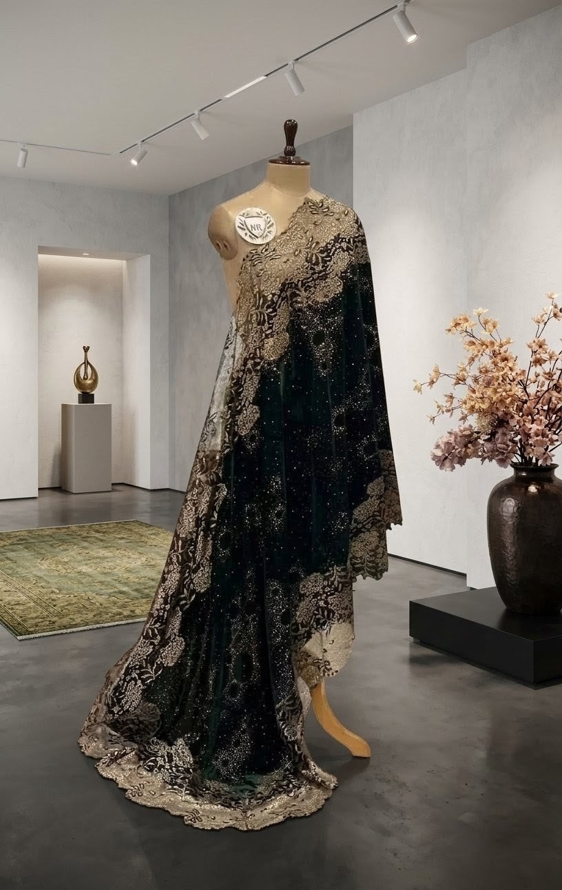 Luxurious Bottle Green Soft Velvet Shawl with French Valentino Lace & Crystal Swarovski Work (210x80 cm)