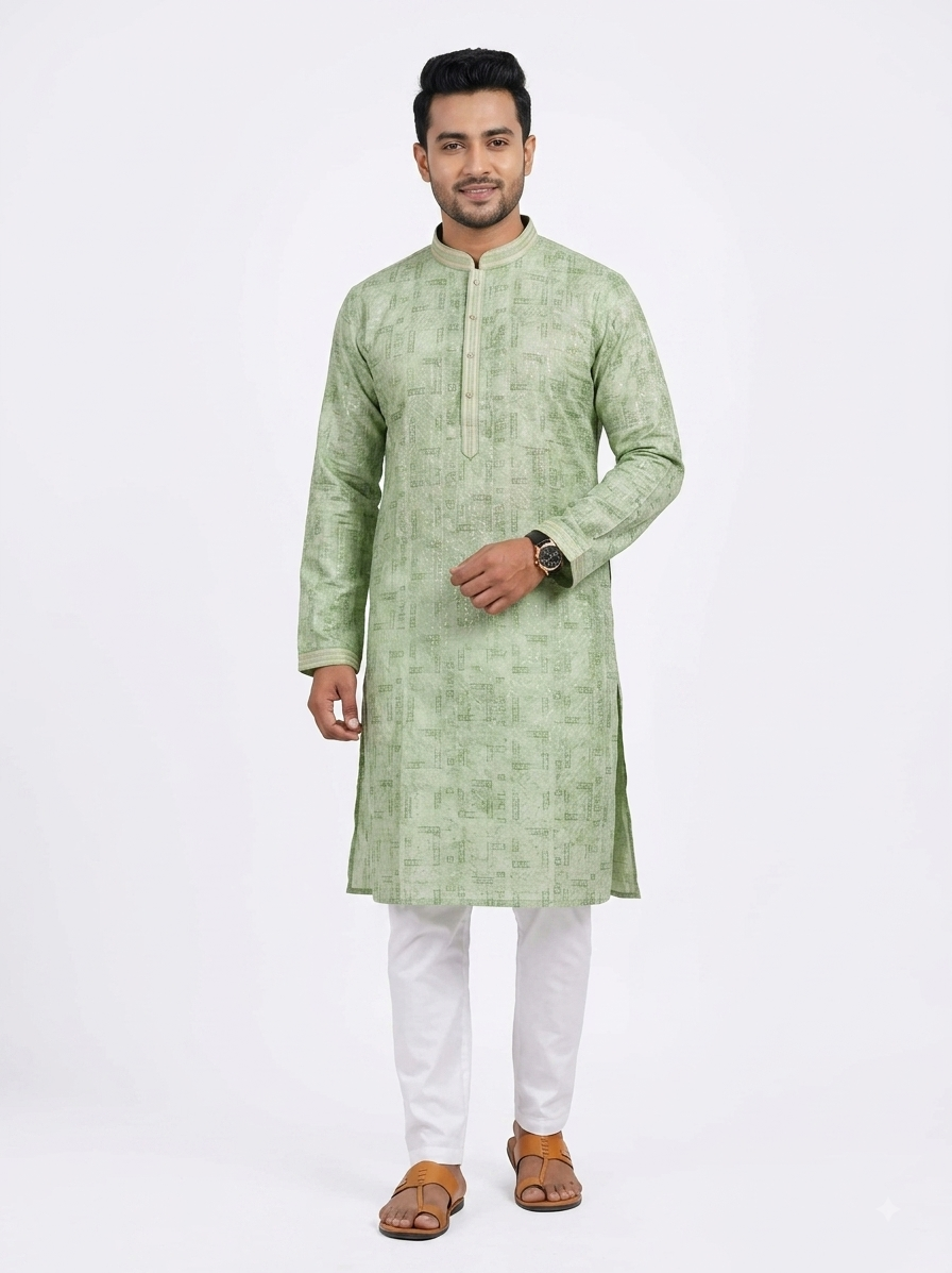 A man modeling a light green long-sleeve kurta with a subtle textured pattern, paired with white trousers and brown sandals, against a plain white studio background.