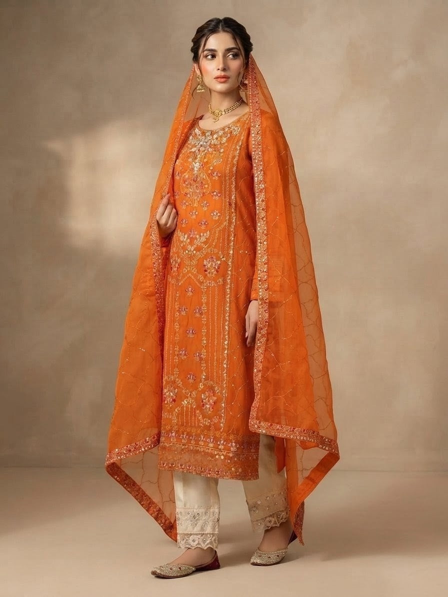 A woman models an orange pakistani chiffon traditional outfit with a matching sheer dupatta, paired with off-white pants and flat shoes, set against a warm beige studio backdrop.