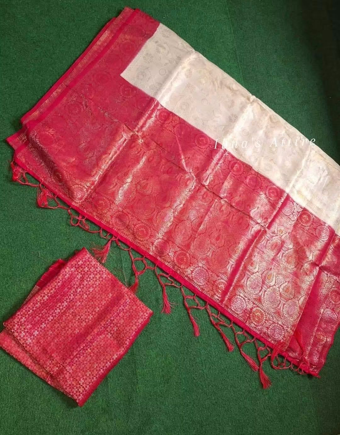 Soft Kanjivaram Silk Saree in Off-White and Red with Rich Jacquard Pallu, All-Over Jacquard Work, and Matching Blouse Piece