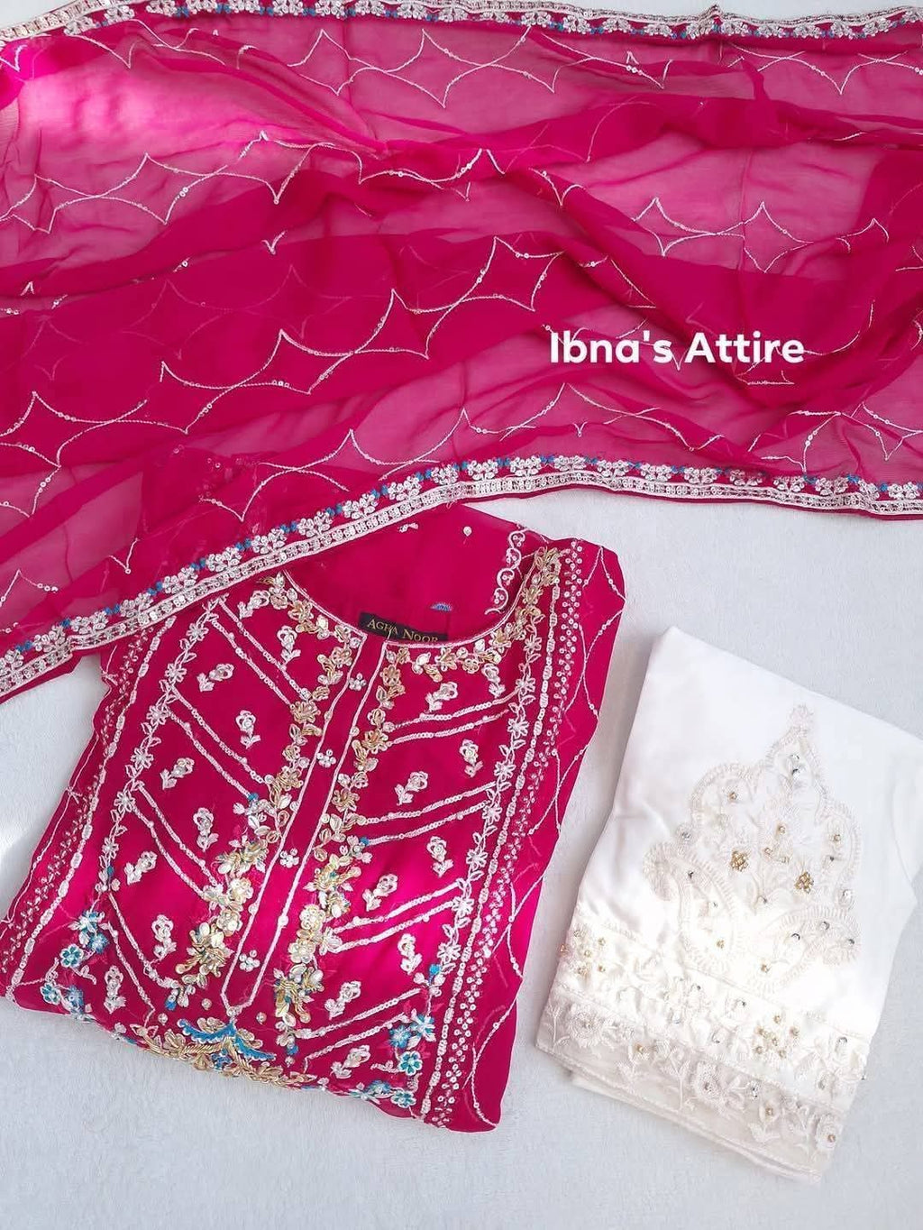 Aghanoor Chiffon 3-Piece Suit | Magenta Handwork Top & Embroidered Silk Trousers (Size-42)