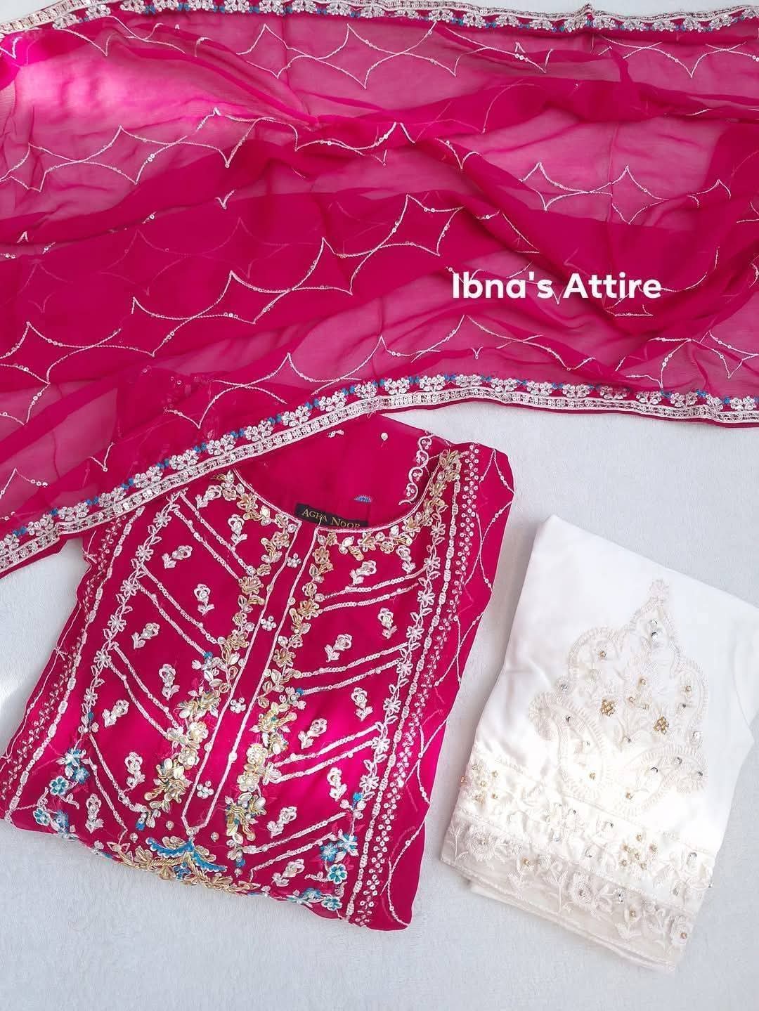 Aghanoor Chiffon 3-Piece Suit | Magenta Handwork Top & Embroidered Silk Trousers (Size-42)