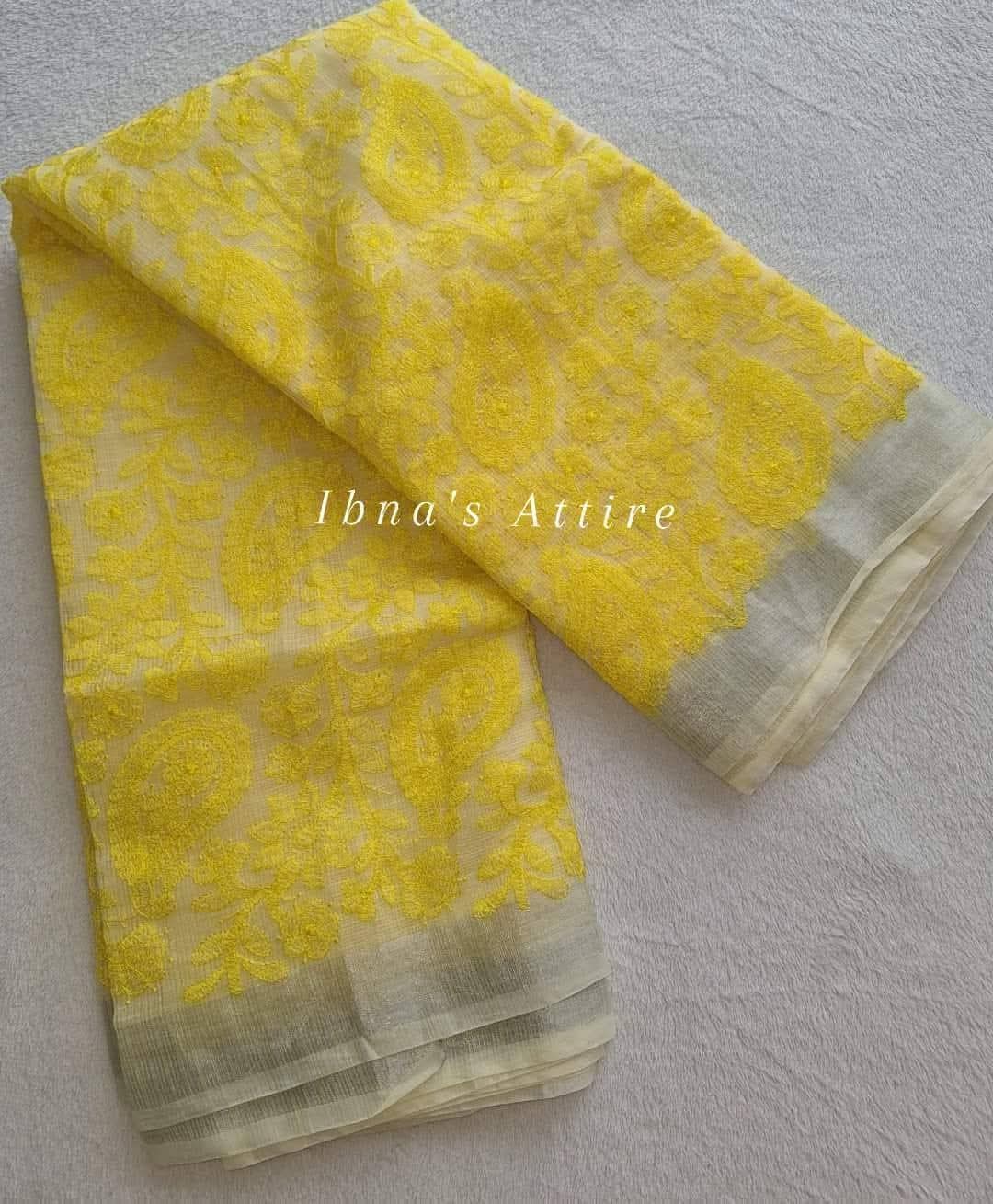 Pure Kota Saree with All-Over Lucknowi Chikankari Work & Cotton Block Printed Blouse Piece