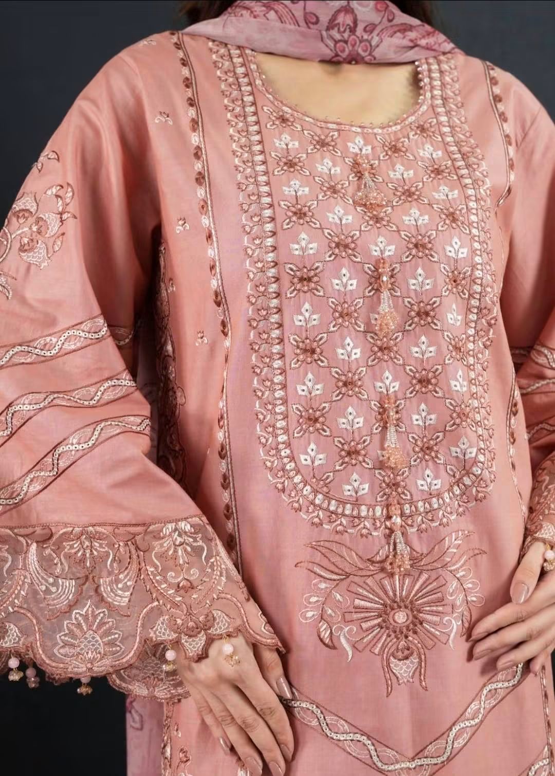 Ayesha B Pakistani Cotton Embroidered 3-Piece Suit- Dusty Rose-Designer Kurti Set with Matching Dupatta (Size-38)