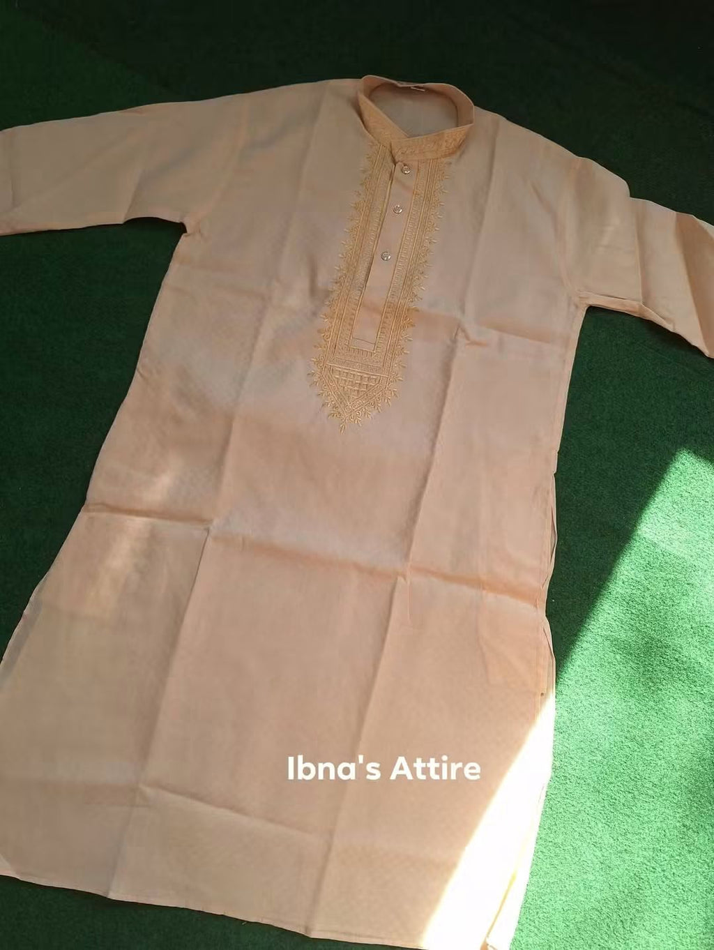 Summer-Friendly 100% Handloom Cotton Panjabi for Men in Light Beige with Self Jacquard Weave and Neckline Embroidery (Size-40)