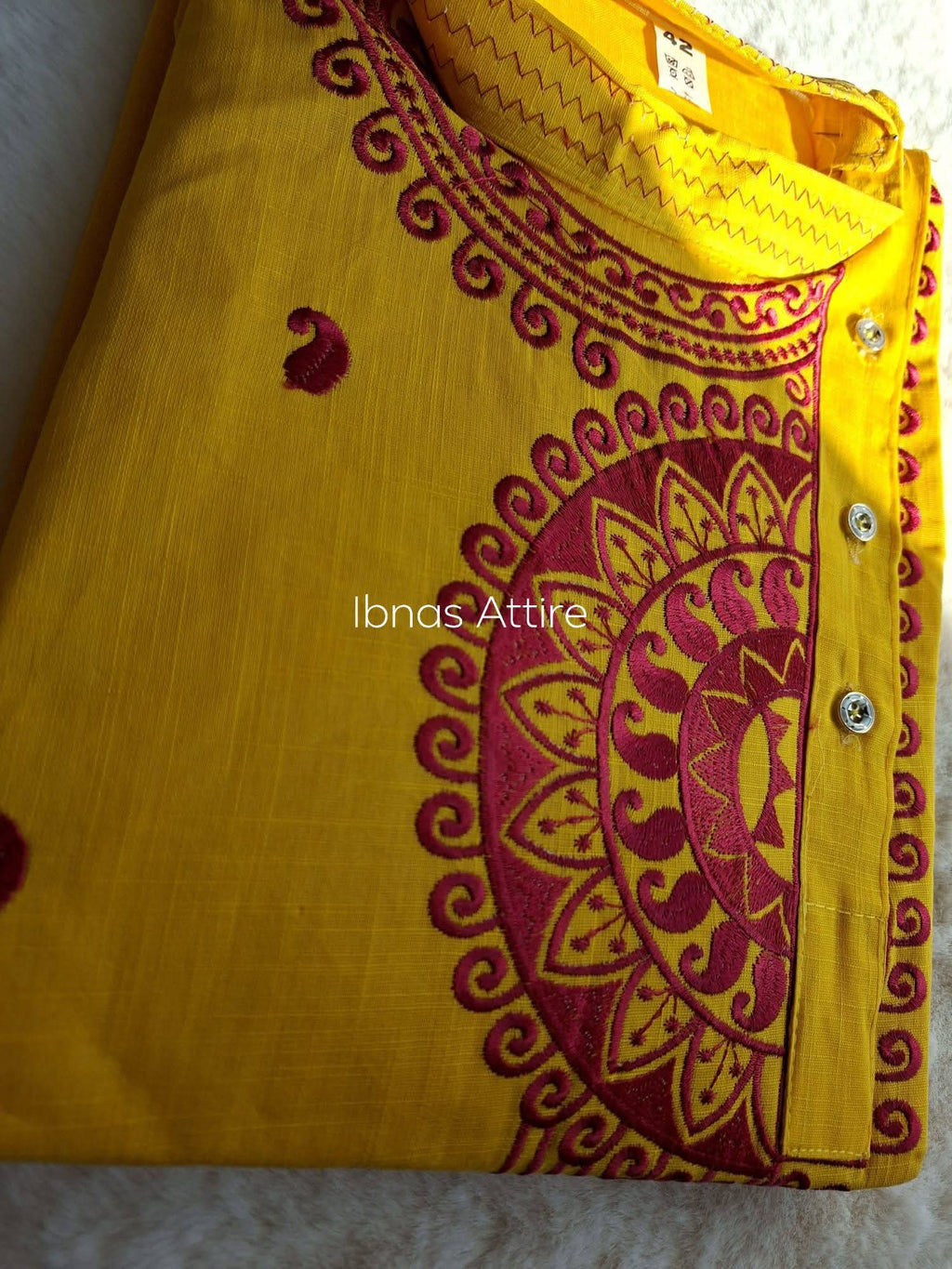Pure Soft Cotton Embroidery Work Men's Panjabi | Mustard Yellow Traditional Ethnic Wear (Loose Fit, Size 42)