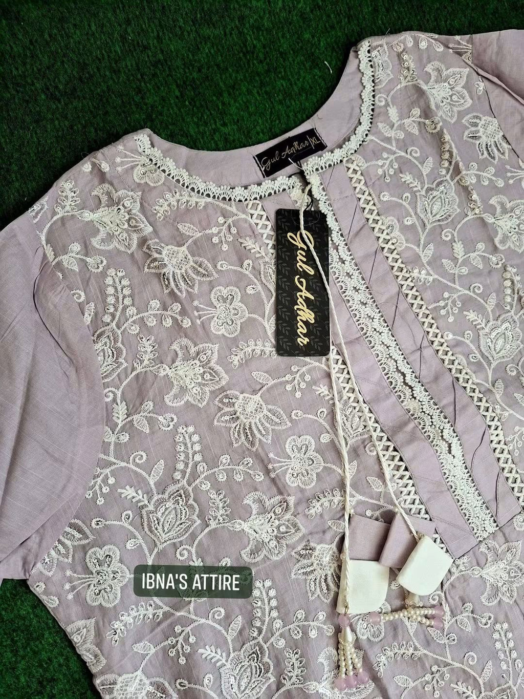 Gul Adhar Soft Lilac Color Luxury Pakistani Slub Lawn Chikankari 3-Piece Suit (Size-48)