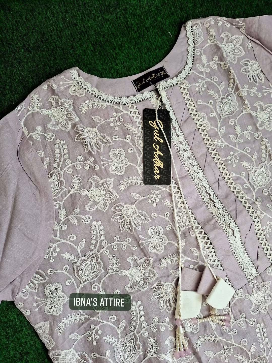 Gul Adhar Soft Lilac Color Luxury Pakistani Slub Lawn Chikankari 3-Piece Suit (Size-48)