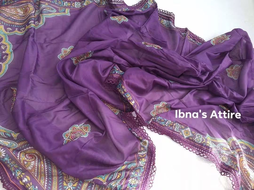Gul Jee Purple Digital Printed Pure Pakistani Lawn 3-Piece Suit with Lace Work & Voil Dupatta (Size 40)
