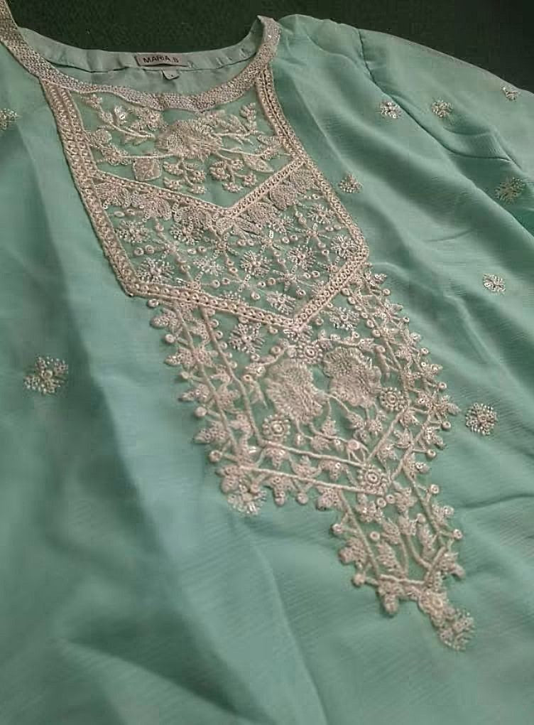 Pakistani Designer Softy Chiffon Three-Piece Suit with Heavy Sequence Embroidery & Soft Silk Pants (Size- 46)