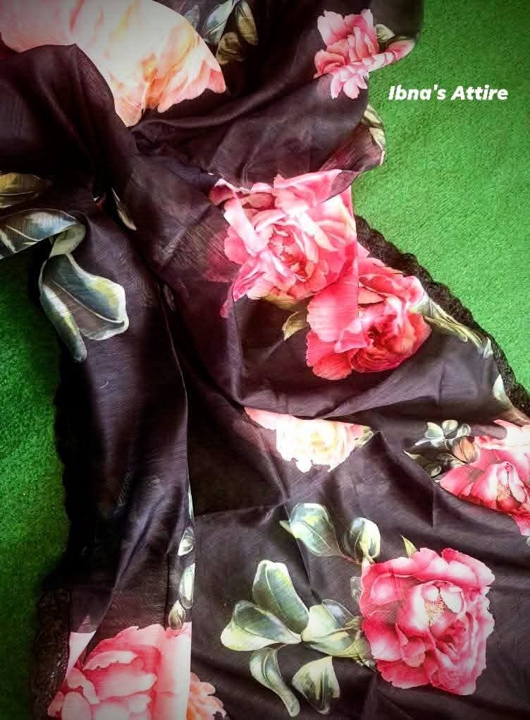 Karma ChikanKari Pakistani Lawn 3-Piece Suit | Black Floral Printed Khaddi Dupatta Set (Size- 38)