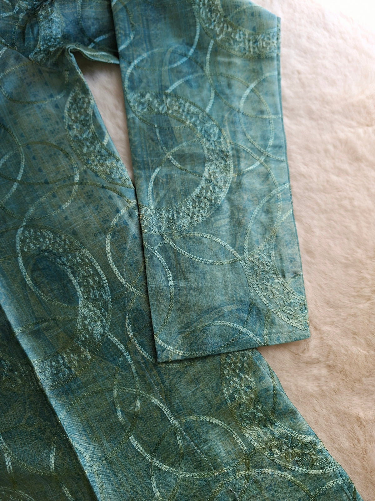Men's Ethnic Kurta Panjabi | Soft Silk Aqua Green Designer Shirt with Chainstitch Thread Work & Digital Print (Size- 38)