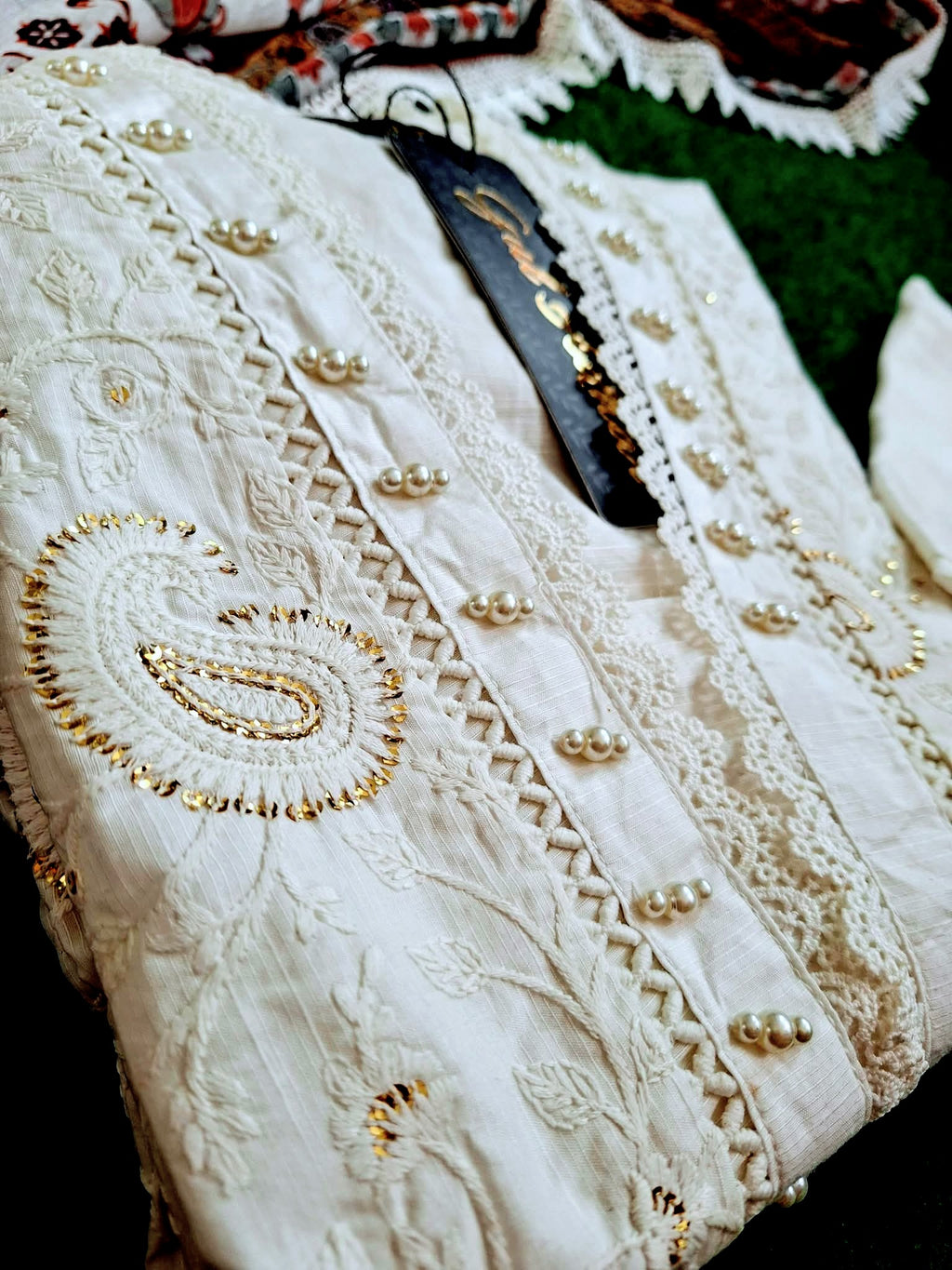 Gul Adhar Luxury Chikankari Collection - White Slub Lawn Shirt, Cambric Trouser, and Digital Printed Chiffon Dupatta-(Size: 40 & 50)