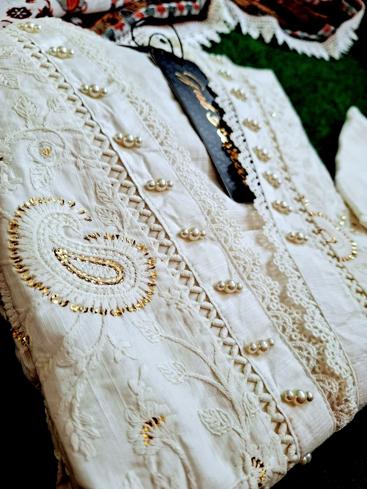 Gul Adhar Luxury Chikankari Collection - White Slub Lawn Shirt, Cambric Trouser, and Digital Printed Chiffon Dupatta-(Size: 40 & 50)