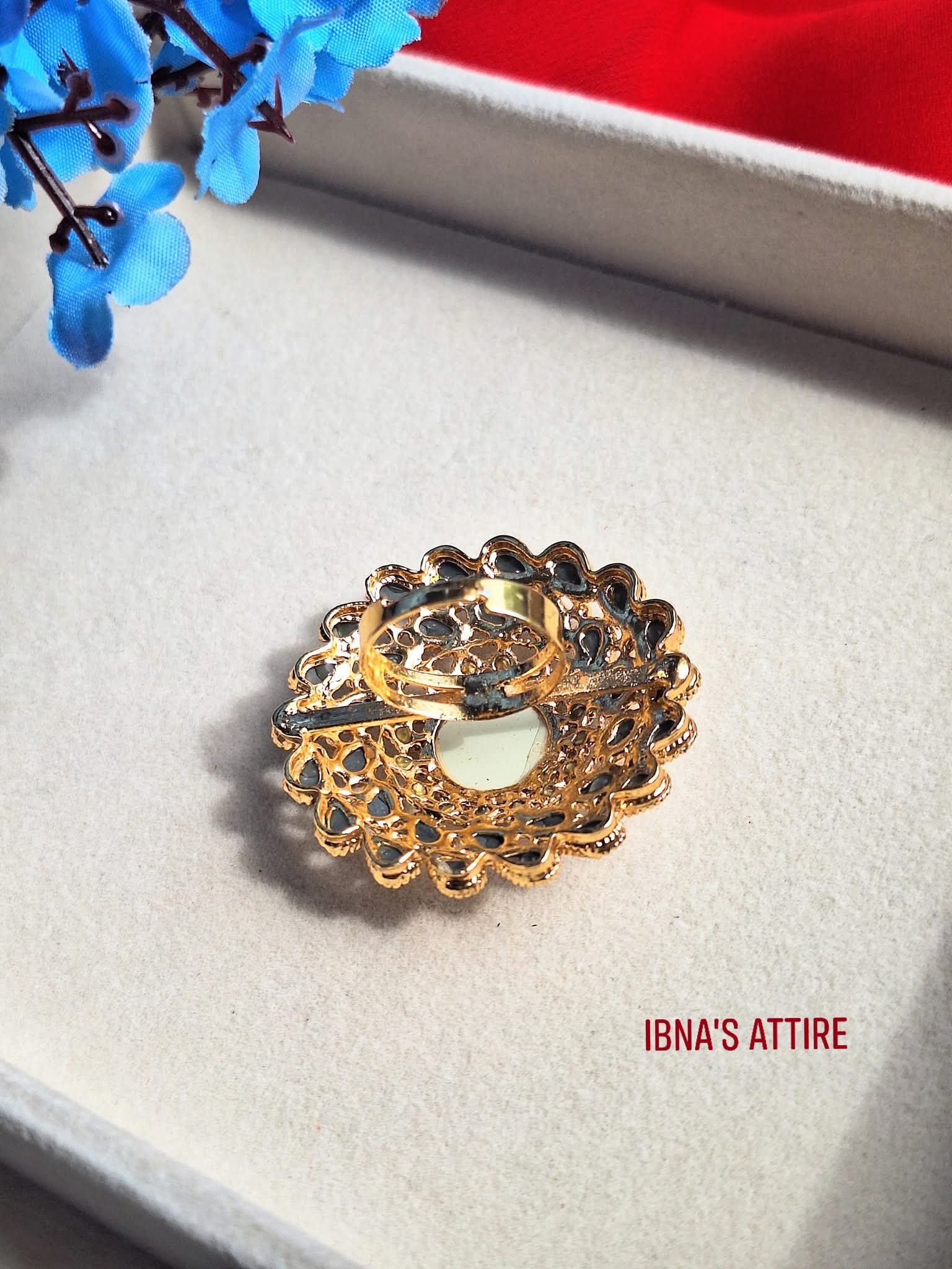 Gold-Plated Adjustable Statement Ring with Mirror Cuts & Sparkling Stone Cluster | Ethnic Cocktail Ring