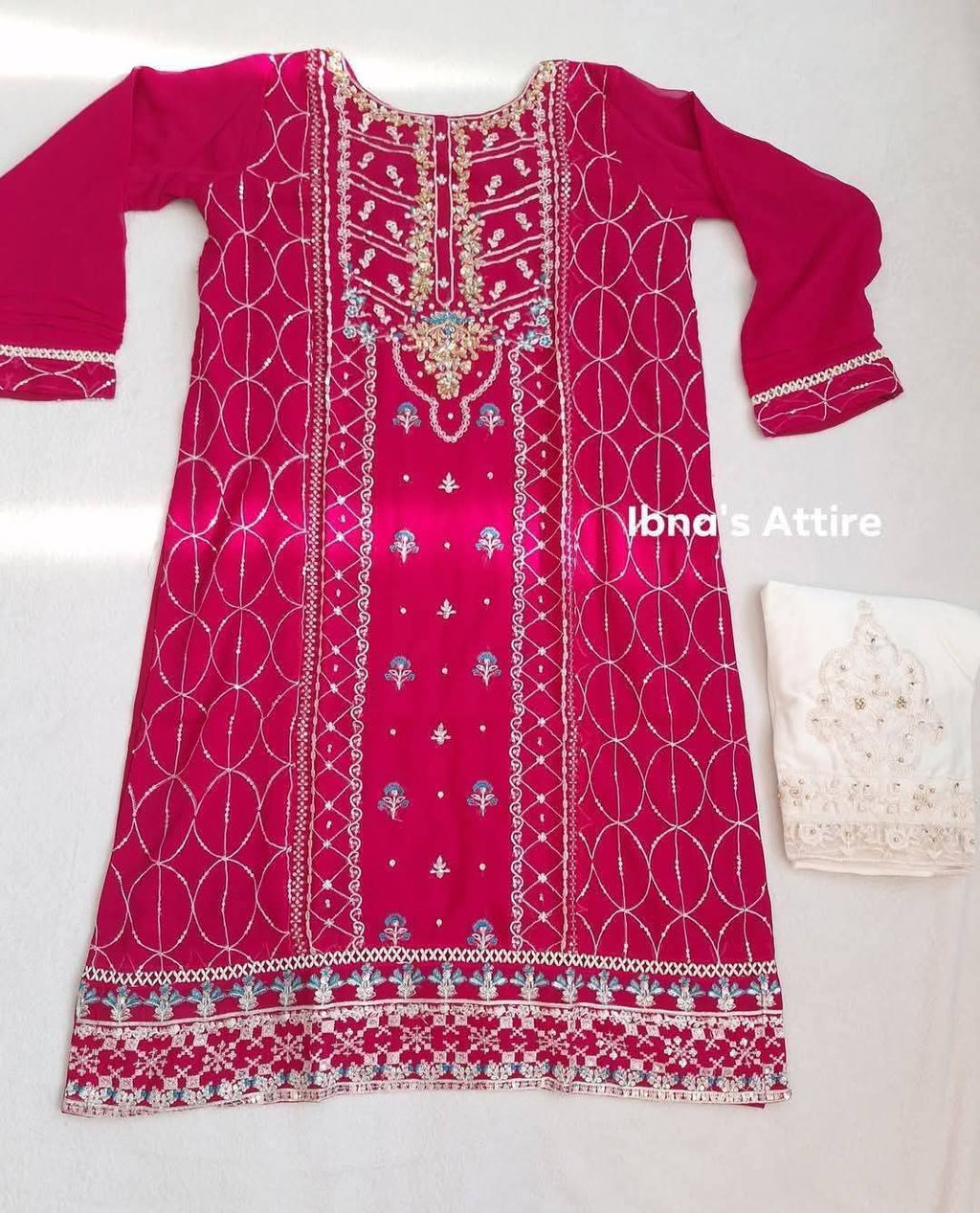 Aghanoor Chiffon 3-Piece Suit | Magenta Handwork Top & Embroidered Silk Trousers (Size-42)