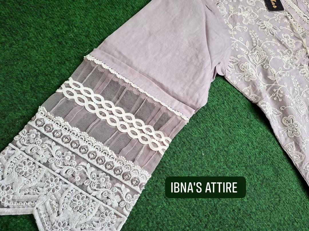 Gul Adhar Soft Lilac Color Luxury Pakistani Slub Lawn Chikankari 3-Piece Suit (Size-48)