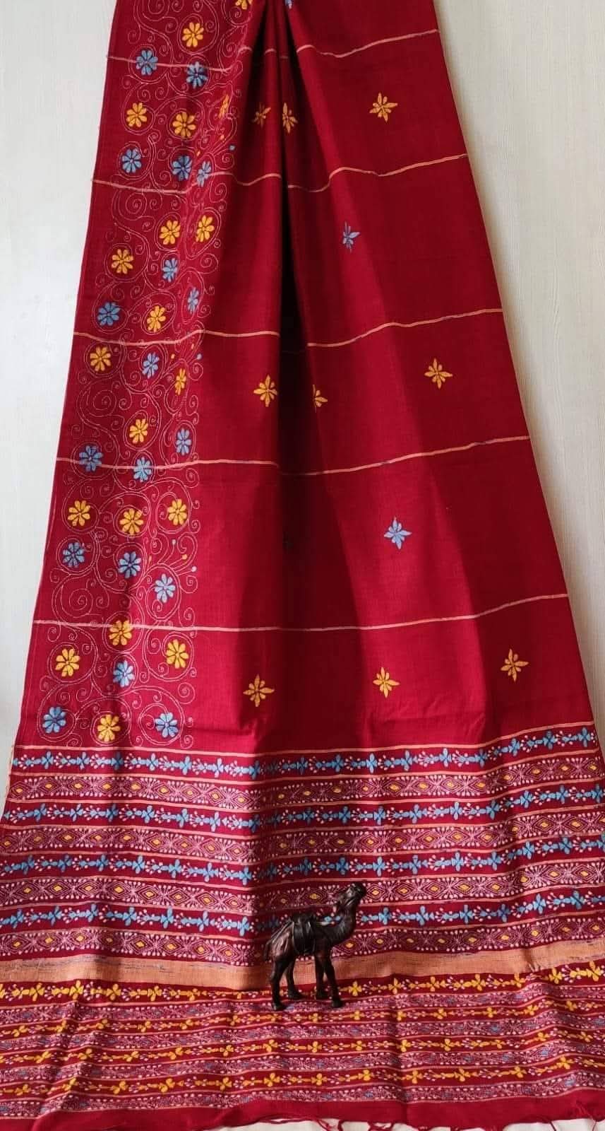 Khaddi hand stitch saree-red