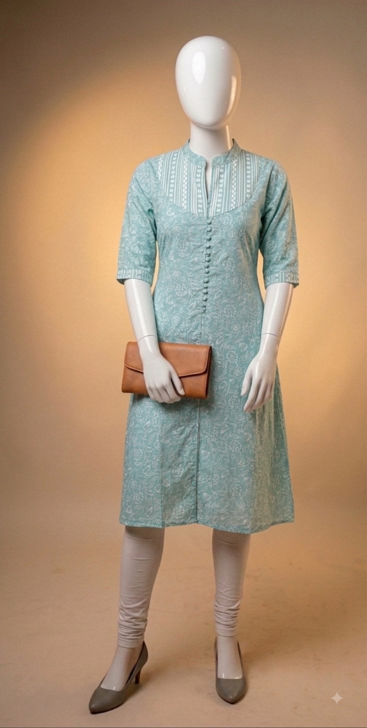 A light blue-green printed cotton kurta displayed on a white mannequin, styled with a brown clutch, beige tights, and gray shoes against a warm beige studio background.