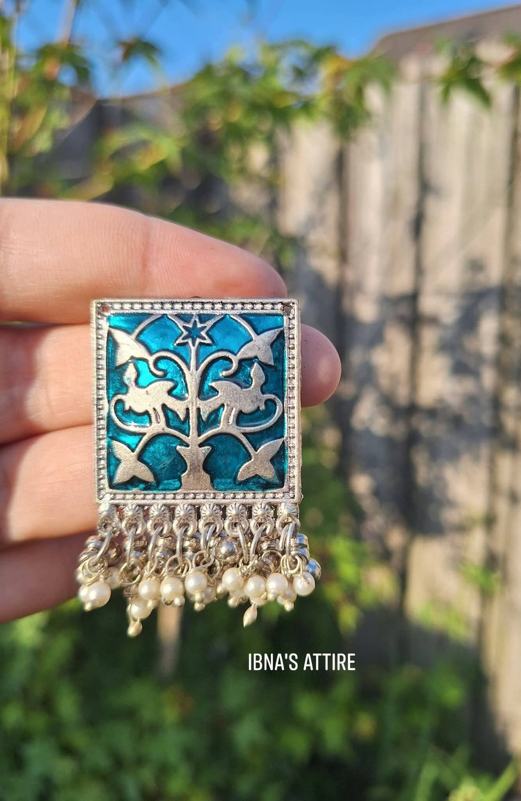 Turquoise Blue Meenakari Oxidized Silver Square Earrings | Ethnic Tree of Life Studs with Pearl Ghungroo Drops