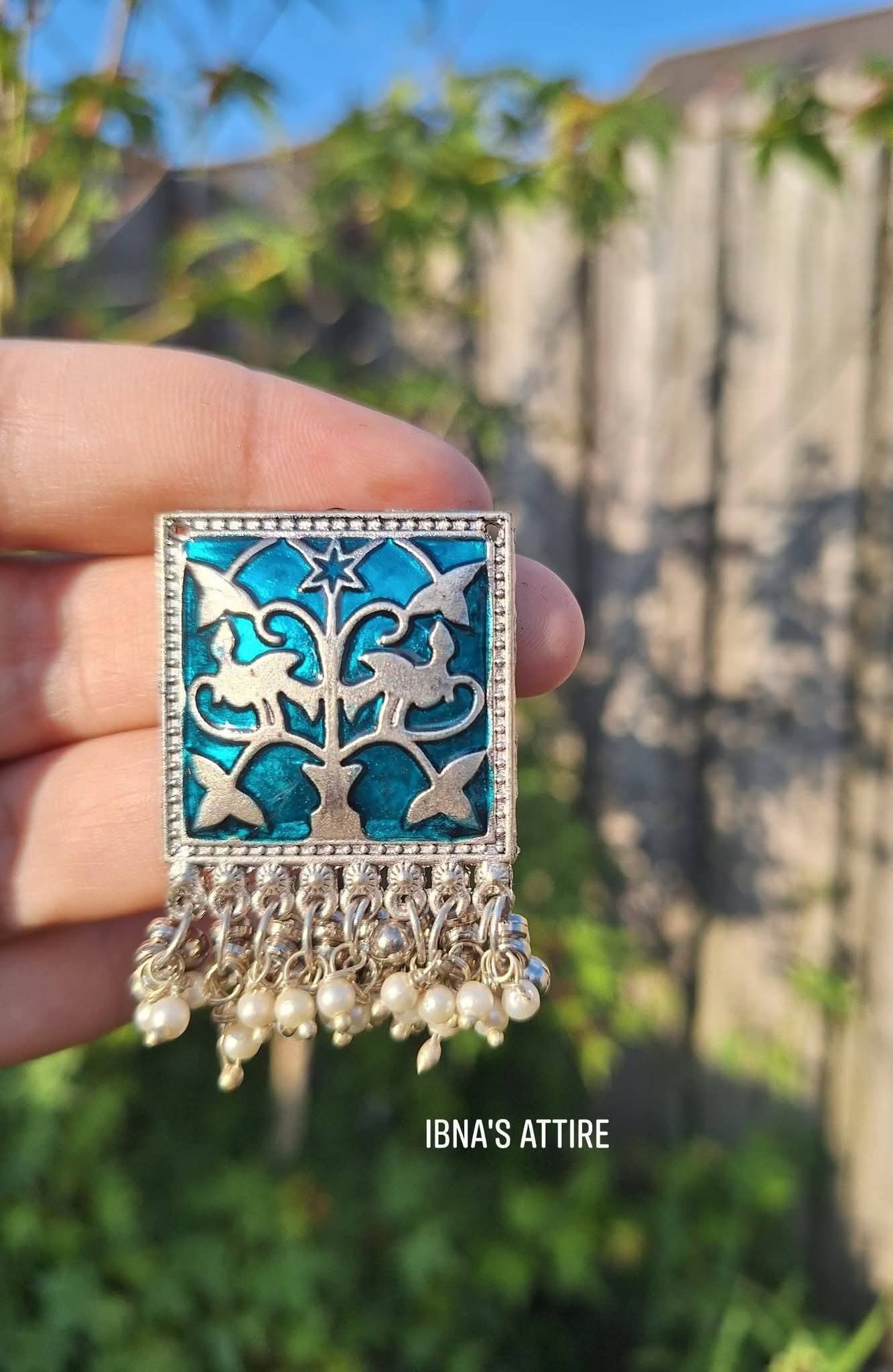 Turquoise Blue Meenakari Oxidized Silver Square Earrings | Ethnic Tree of Life Studs with Pearl Ghungroo Drops