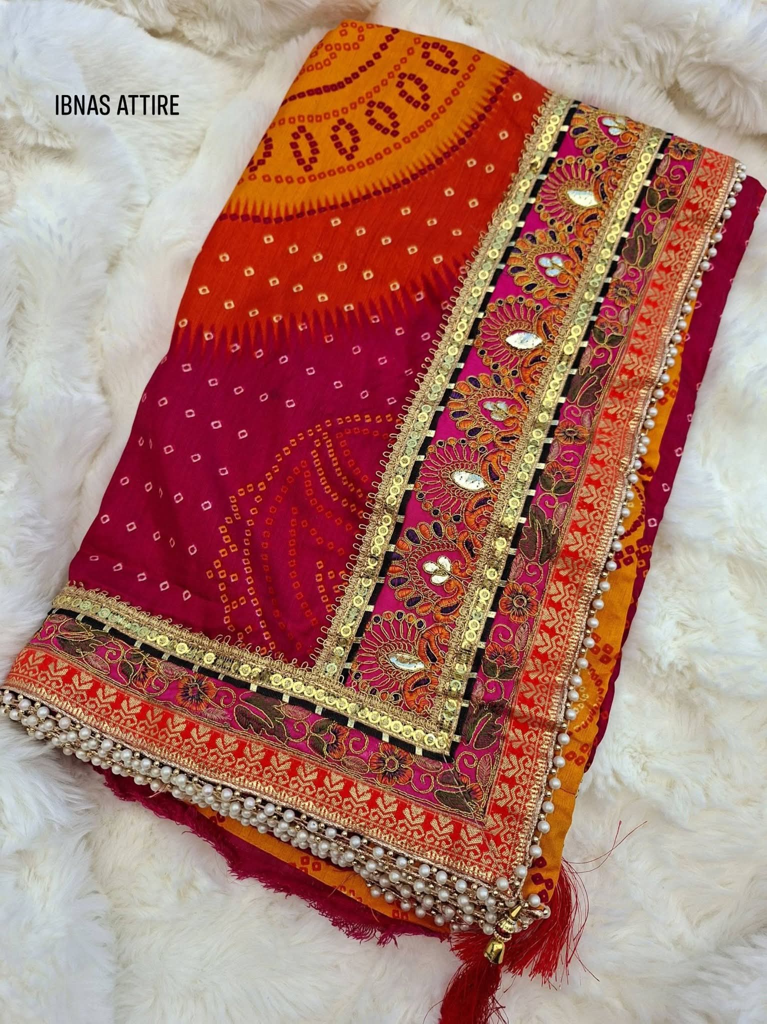 Heavy Dolla Silk Bandhej Print Saree with Gota-Patti Work- saree with blouse piece.