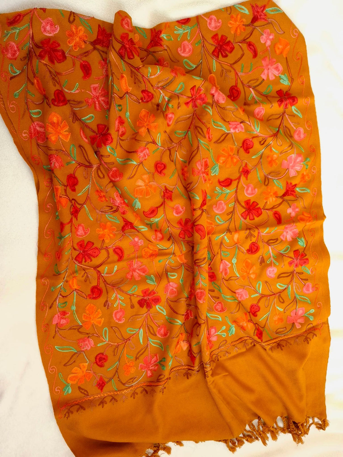 Kashmiri Embroidered Mustard Wool Blend Shawl | Traditional Floral Aari Embroidered Winter Wrap (75x210 cm)