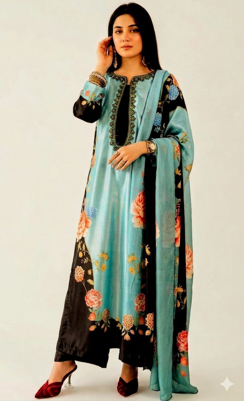 Floral printed samooz silk designer suit