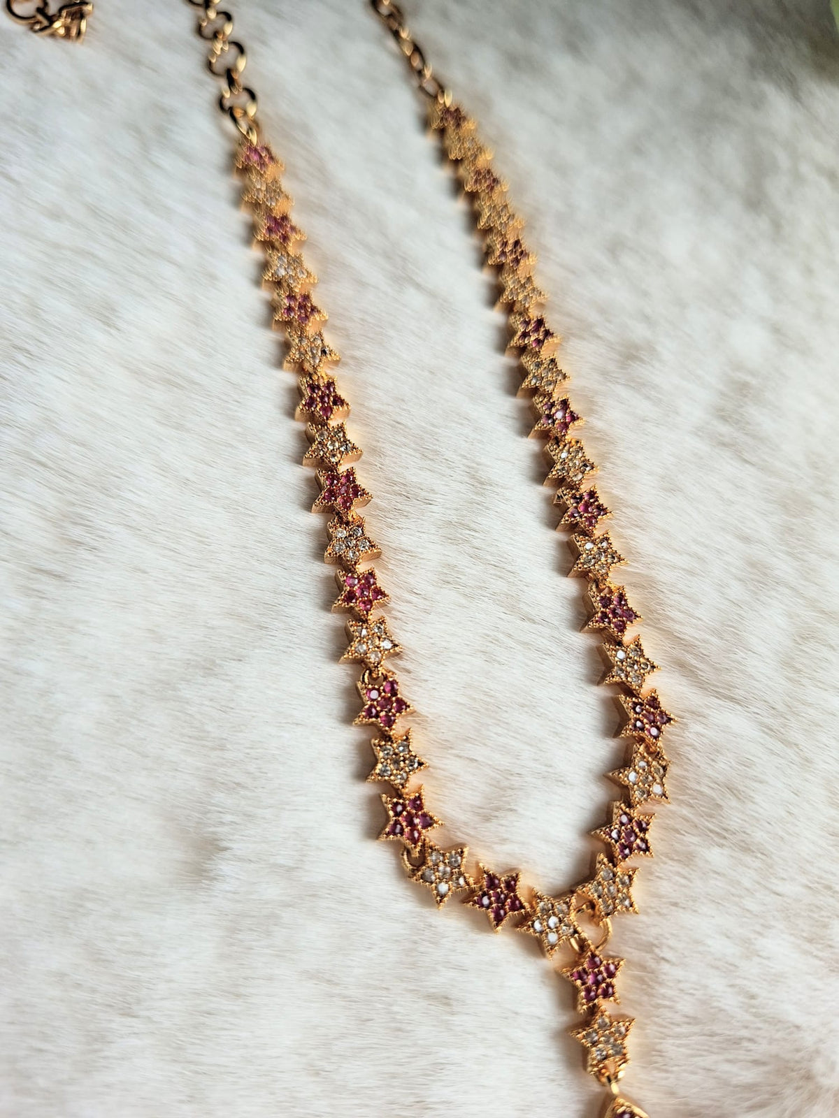 Gold Plated Zircon Stone Designer Necklace | Delicate Floral Motif Necklace with Drop Pendant