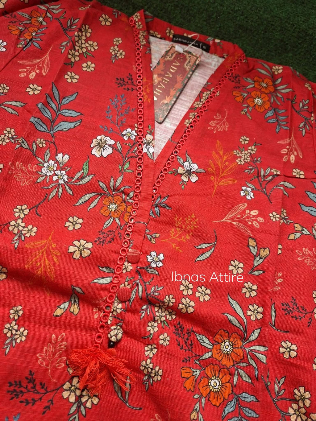 Sadabahar Pakistani Winter Lawn 3-Piece Suit | Red Floral Printed Kurta with Cutwork & Dupatta (Size- 38) (Loose fit)