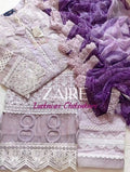 Featuring beautiful pakistani Chikankari luxury lawn three piece suit in soft lilac color