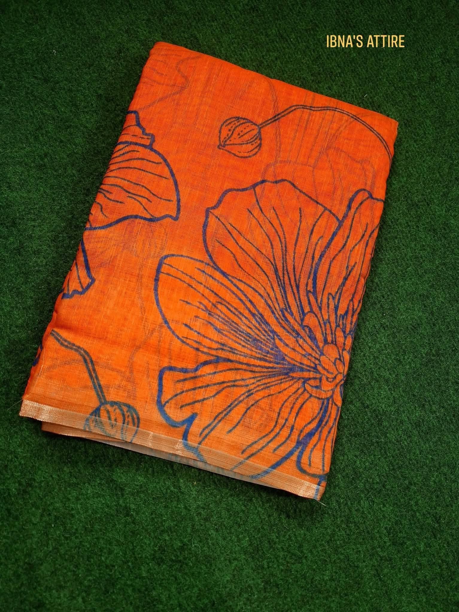 Soft linen floral Saree -burnt orange