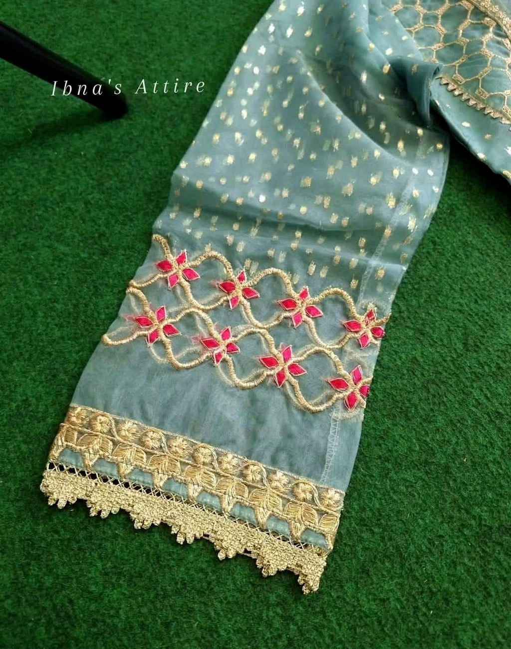 Zahar Rubab Designer Pakistani Eid Outfit | Acqua Blue- Masoor Kurta with Net Dupatta & Banarasi Gharara (Size-42)