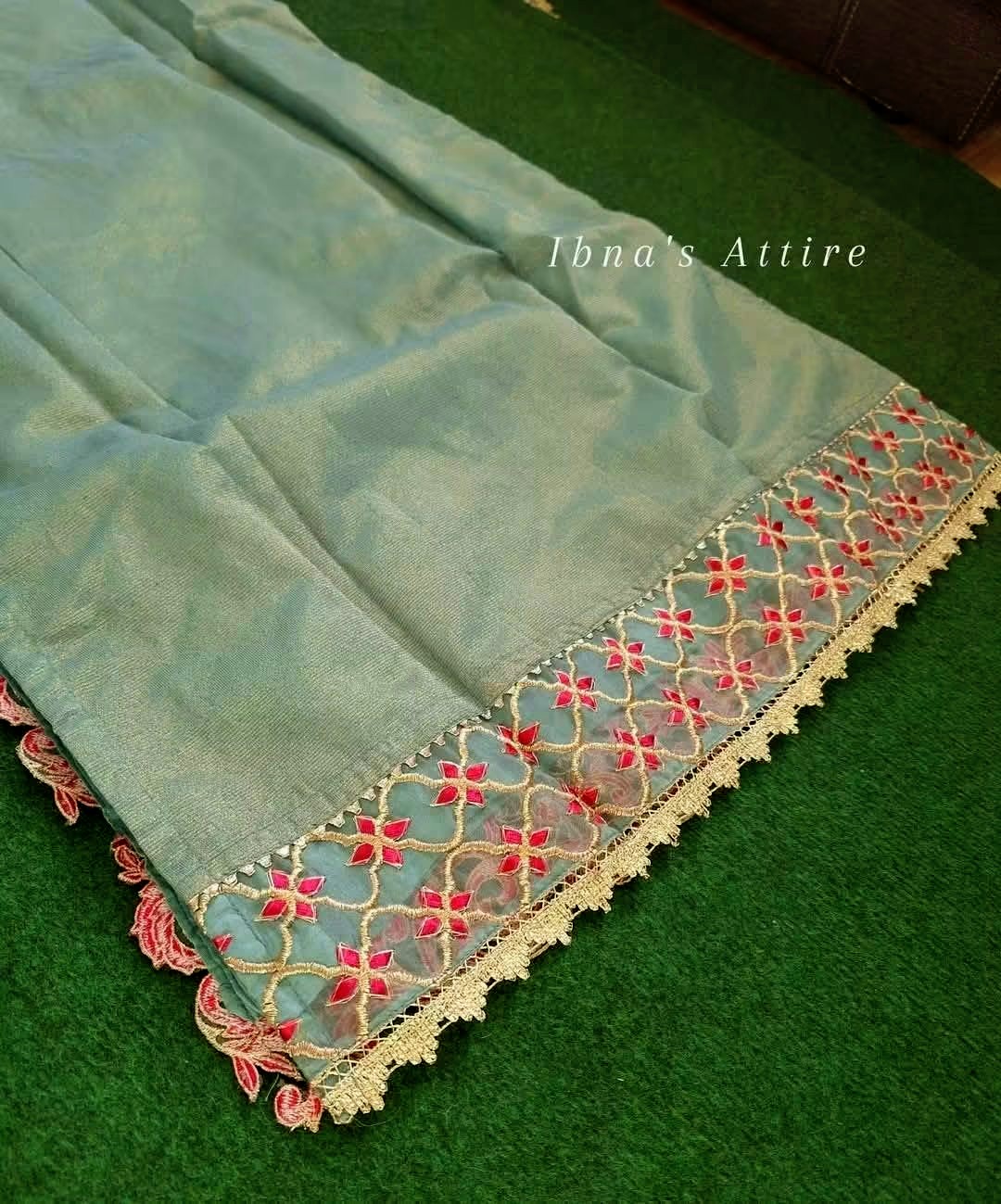 Zahar Rubab Designer Pakistani Eid Outfit | Acqua Blue- Masoor Kurta with Net Dupatta & Banarasi Gharara (Size-42)