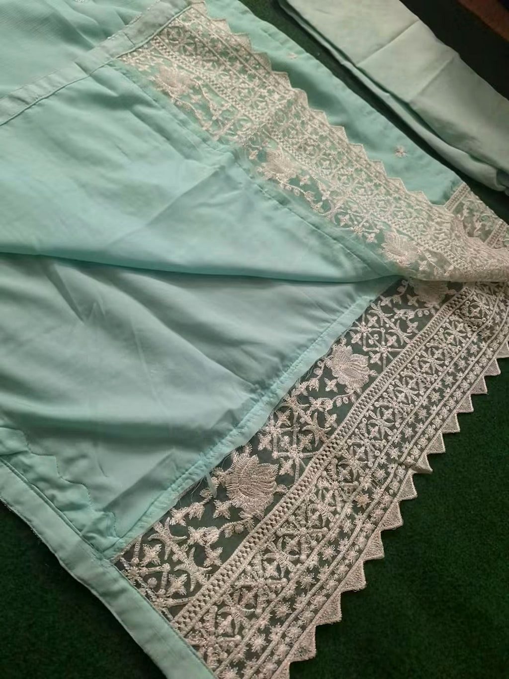 Pakistani Designer Softy Chiffon Three-Piece Suit with Heavy Sequence Embroidery & Soft Silk Pants (Size- 46)