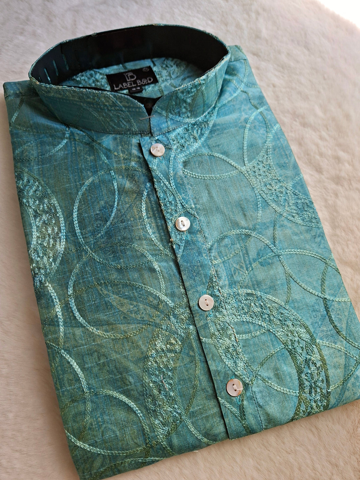 Men's Ethnic Kurta Panjabi | Soft Silk Aqua Green Designer Shirt with Chainstitch Thread Work & Digital Print (Size- 38)