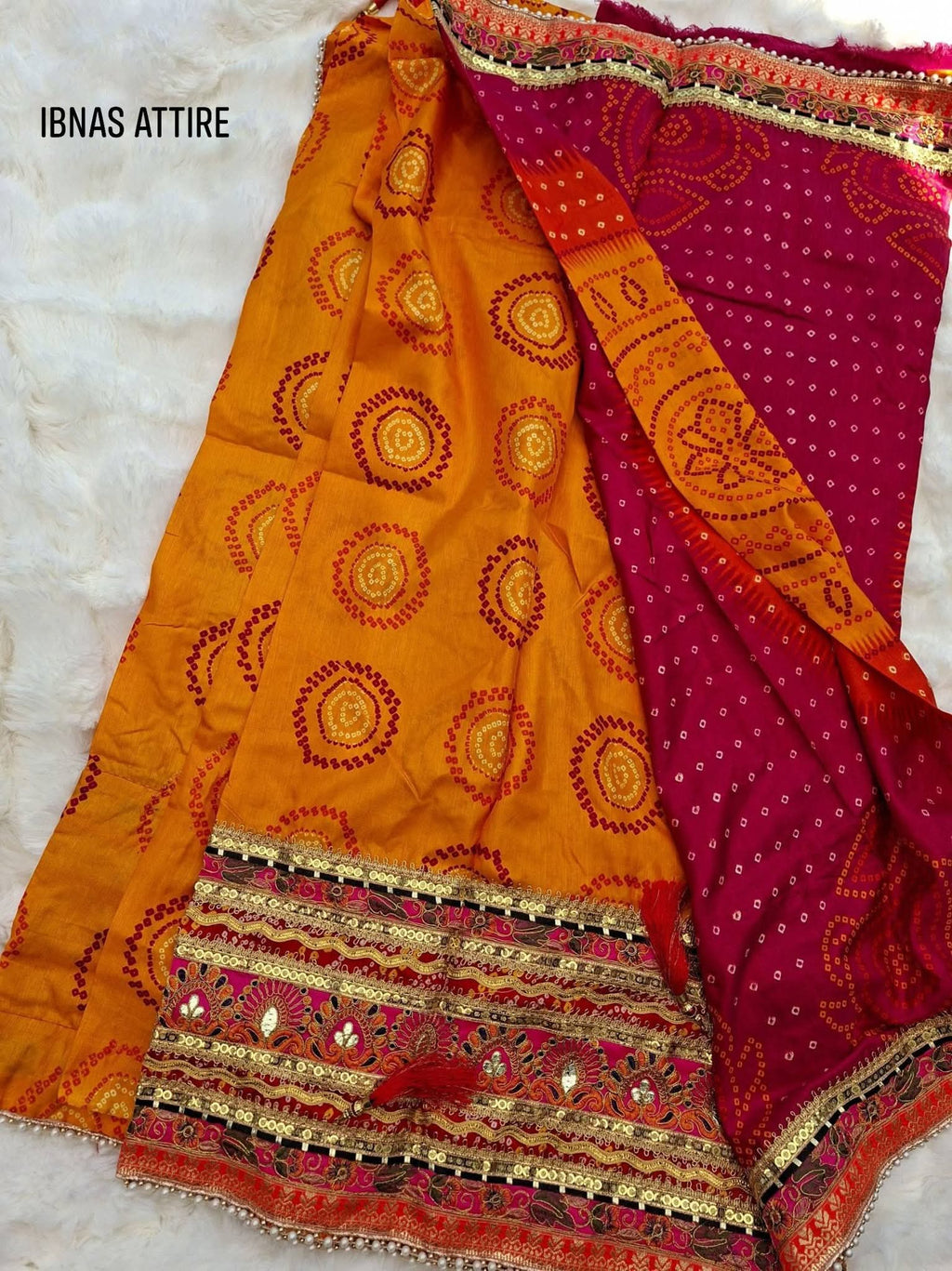 Heavy Dolla Silk Bandhej Print Saree with Gota-Patti Work- saree with blouse piece.