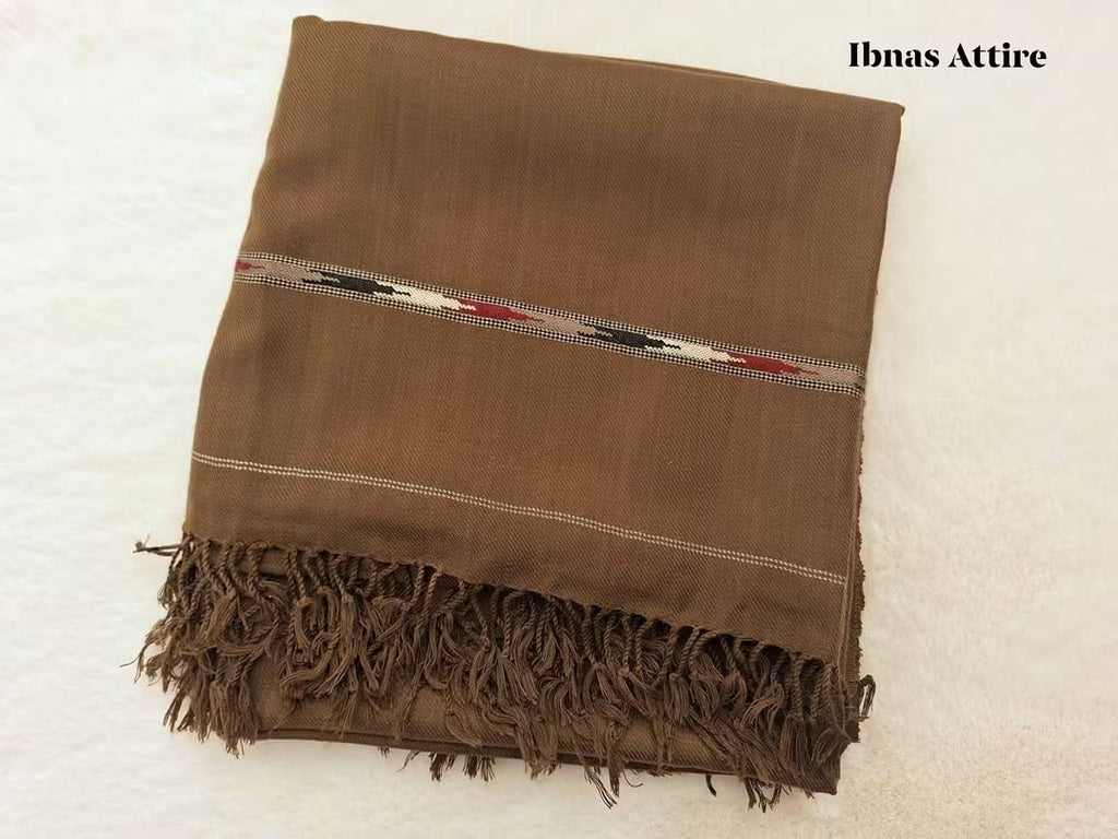 Folded rich brown Pashmina winter wool shawl showcasing a textured weave, detailed multi-color border stripe, and fringe tassels on a soft background. 
