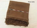 Folded rich brown Pashmina winter wool shawl showcasing a textured weave, detailed multi-color border stripe, and fringe tassels on a soft background. 