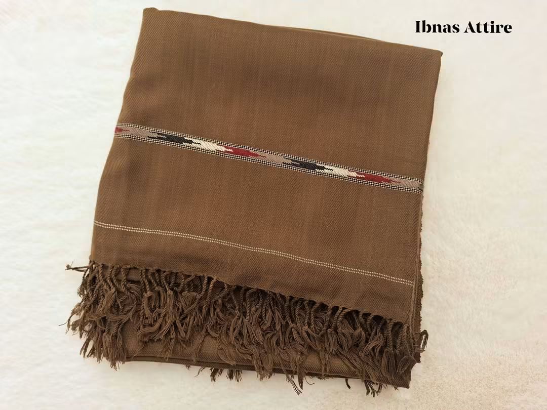 Folded rich brown Pashmina winter wool shawl showcasing a textured weave, detailed multi-color border stripe, and fringe tassels on a soft background. 