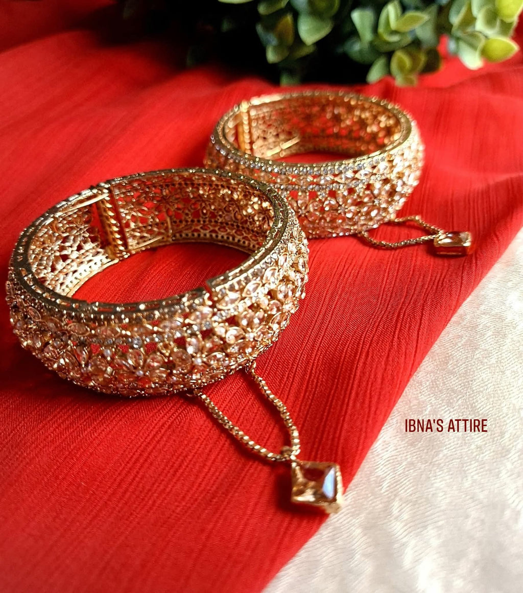 American Diamond Antique Openable Bangle Pair | Handcrafted AD Cubic Zirconia Royal Kada Bangles (Size 2.6)