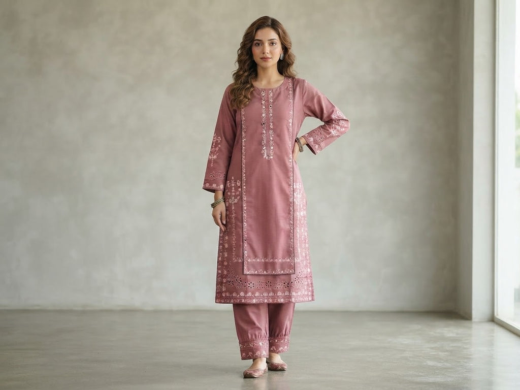 Model wearing a mauve self-cotton knee-length kurta and matching trousers, detailed hem embroidery, neutral background.