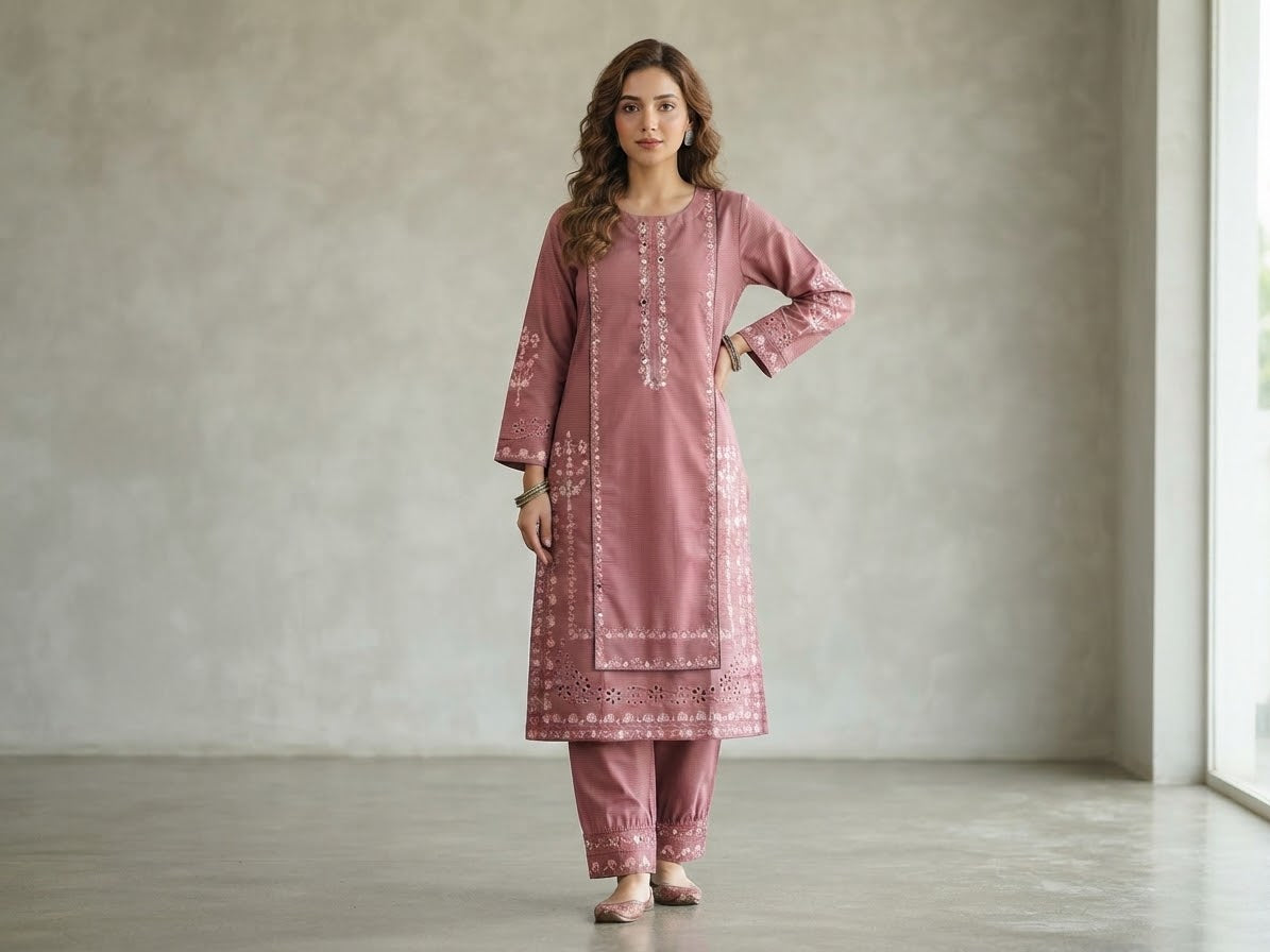Model wearing a mauve self-cotton knee-length kurta and matching trousers, detailed hem embroidery, neutral background.